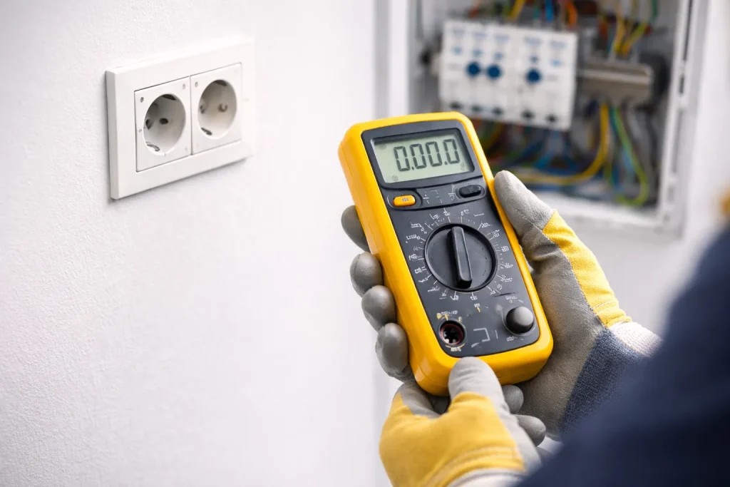 wykonywanie pomiaru elektrycznego przez elektryka